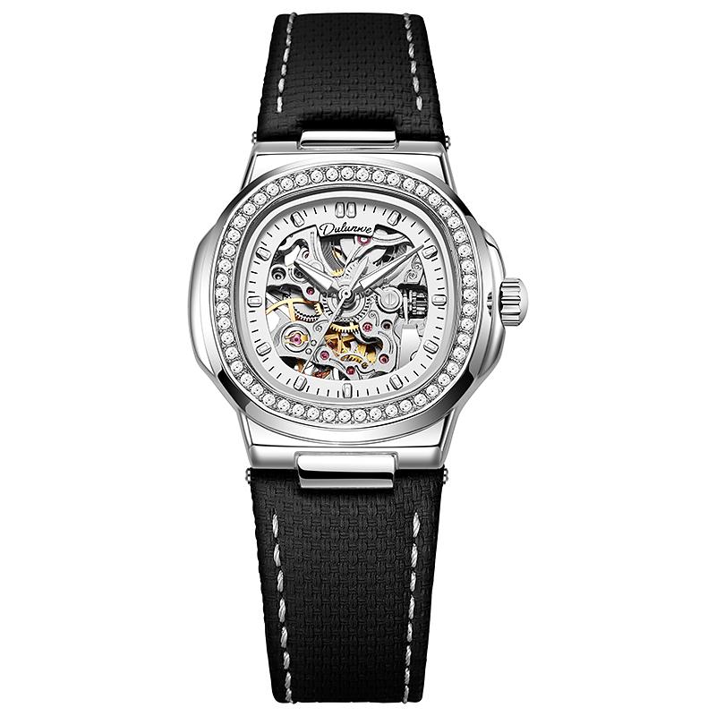 Ladies Automatic Watch Skeleton Mechanical Sky Blue Strap Fashion Diamond Crystal Evening Banquet Dress Watches for Women