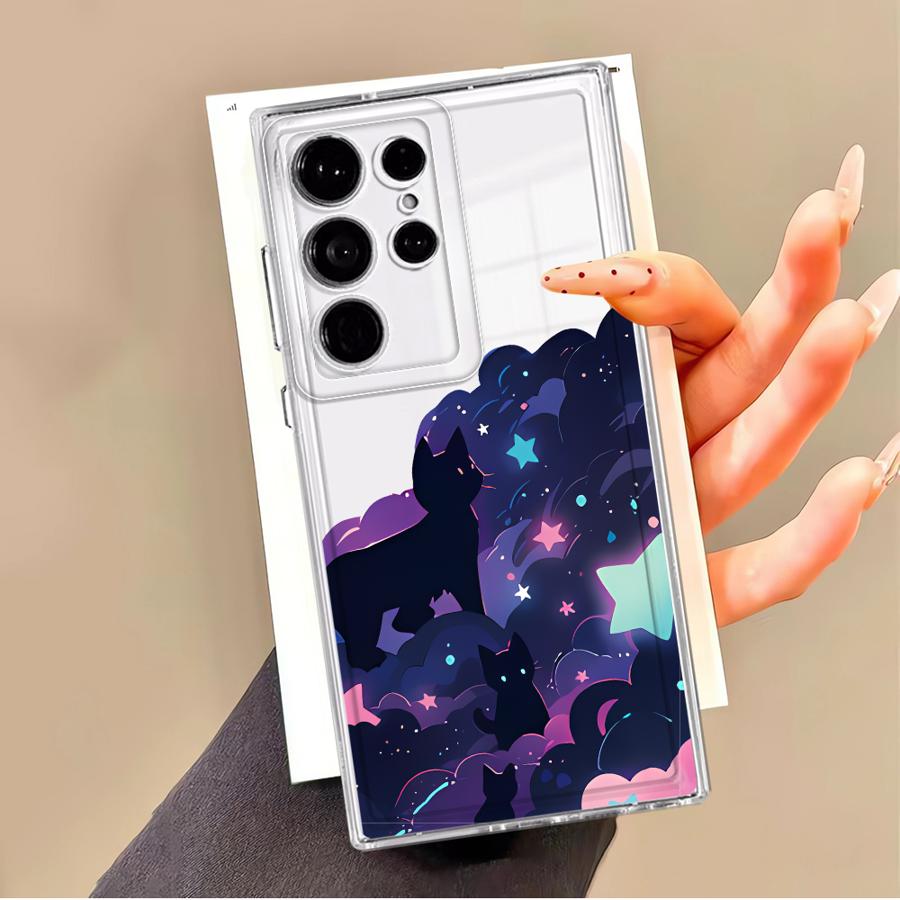 Phone Cover Case for Samsung Galaxy Note 20 Ultra 10 S23 Ultra S22 FE S26 S21 S24 S20 Plus S25 Edge Black Cat Starry Night