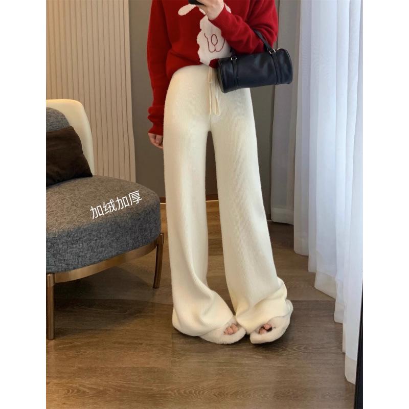 

Plus Velvet Wide-Leg Knit Pants for Women - Thick, Warm, Flaw-Hiding, Slimming, Casual Straight Leg Pants for Winter 2026 M грязно-белый