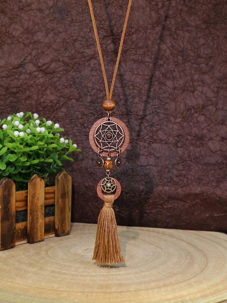 Bohemian Vacation Style Wooden Handmade Bead Pendant Necklace Long Sweater Chain Pu Leather Tassel Boho Jewelry Suitable for Women's Daily