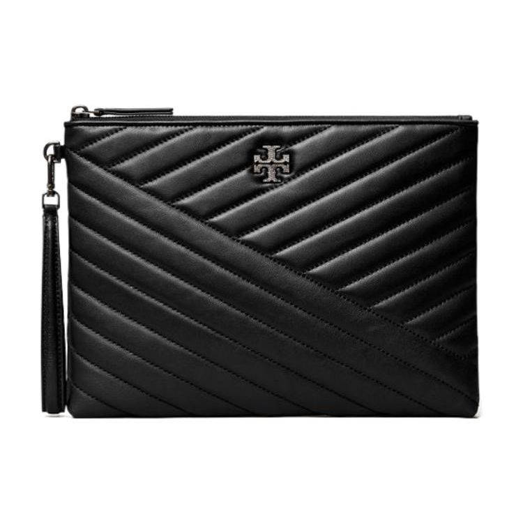 Tory Burch Kira V Quilted Leather Clutch Women clutch Black 153103-001 Basic Set (Bag+Dust Bag)