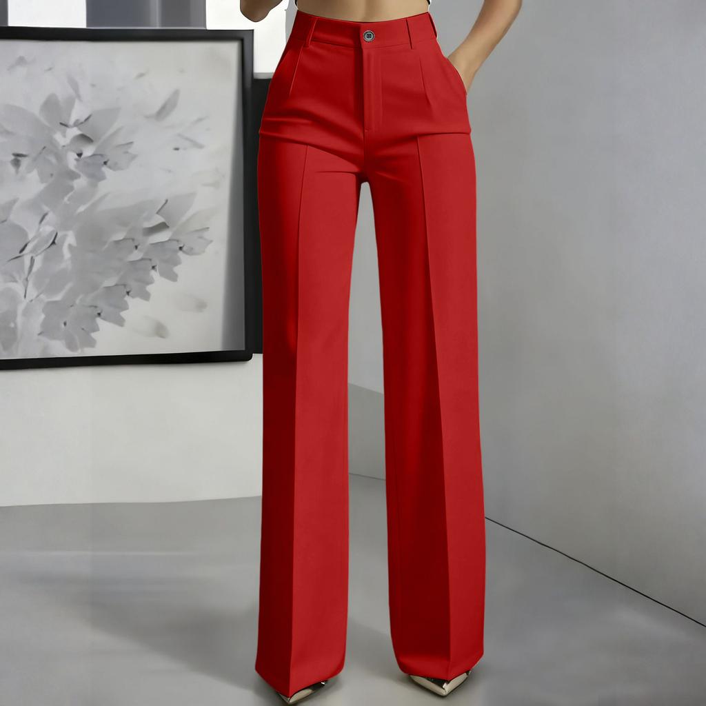 High Waist Wide Leg Hose für Damen Klassische Gerade geschnittene Business Casual Hose mit Taschen und Knopfleiste