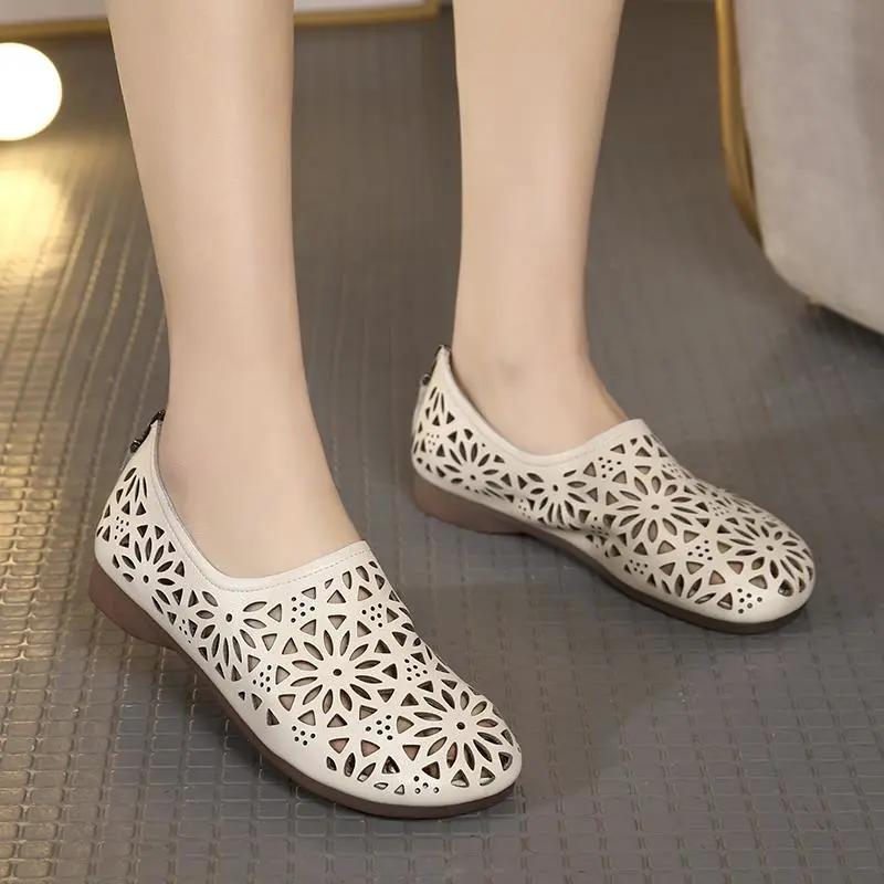 GKTINOO 2024 Summer Genuine Leather Hollow Shoes Woman Sandals Casual Sneakers Flat Soft Sole Comfortable Sandals Large Size