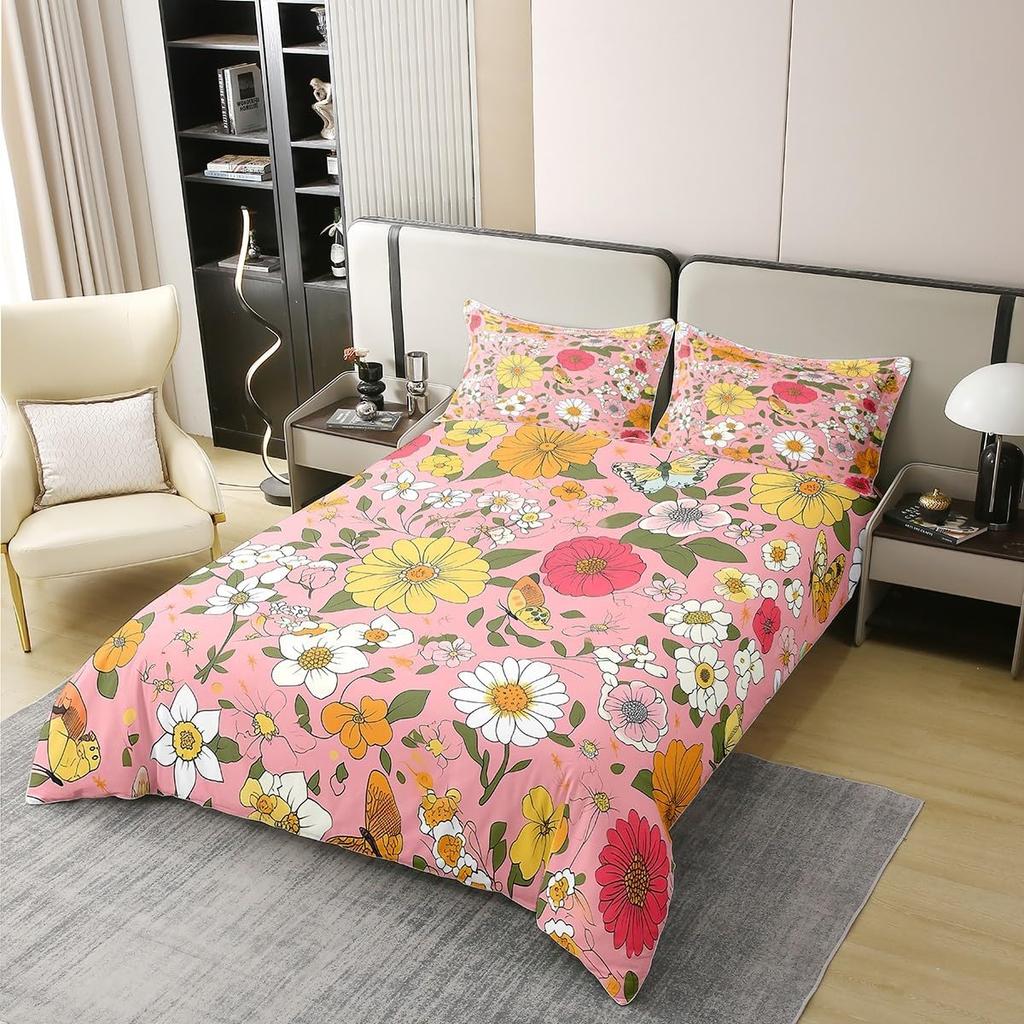 Botanical Floral Duvet Cover Queen King Size Floral Quilt Cover Bedding Set Teen Adult Room Decor Nature Theme 3 Piece Set