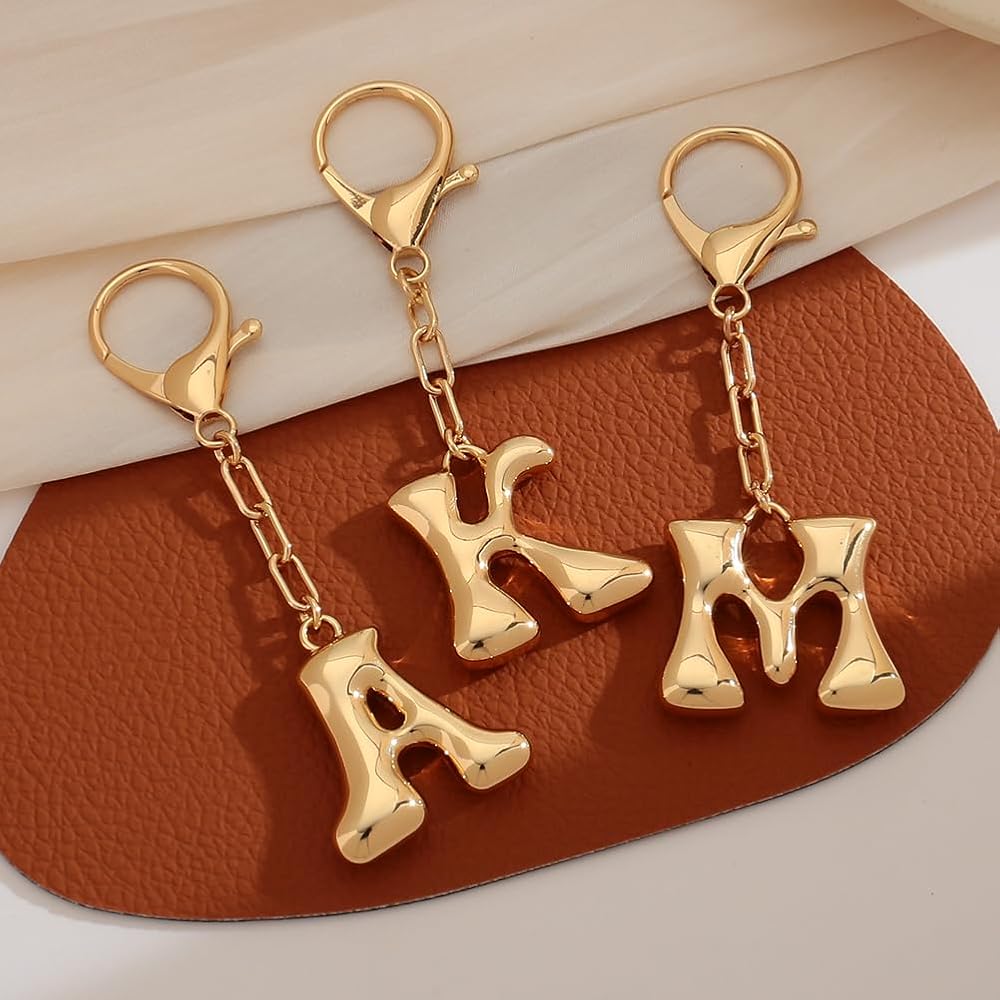 Gold Bubble Initial Keychain Letter Bag Charm for Women DIY Alphabet Purses Handbag Pendant School Backpack Gift Key Accessories