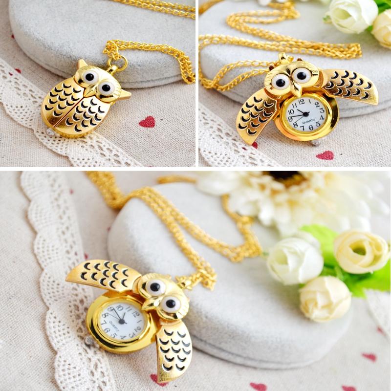Vintage Men Women Alloy Retro Owl Shape Clock Pendant Long Necklace Chain Watches Birthday Gifts