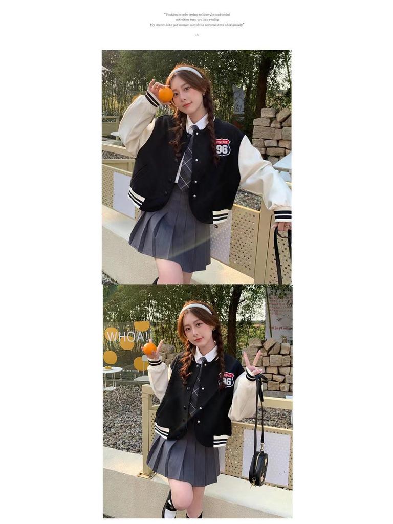 Women's Petite Color Block Baseball Jacket - 2025 Fall/Winter American College Style