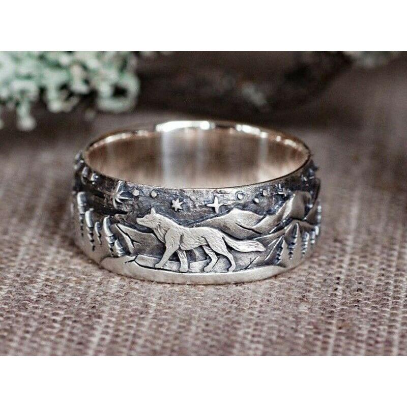 Vintage Wolf Forest Punk Ring Wild Party Jewelry Fashion Bold Men's Ring Couple Gift