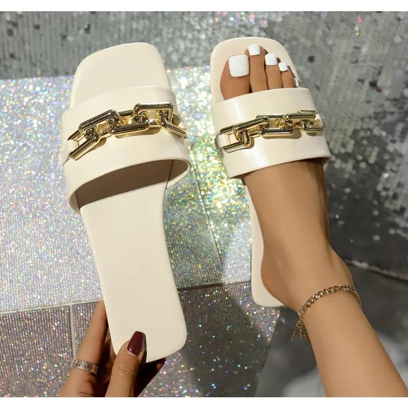 New Fashion Women's Slippers Square Toe Chain Slippers Sandals Sets Flat Shoes and Bag Set Matching Handbag for Women Luxury