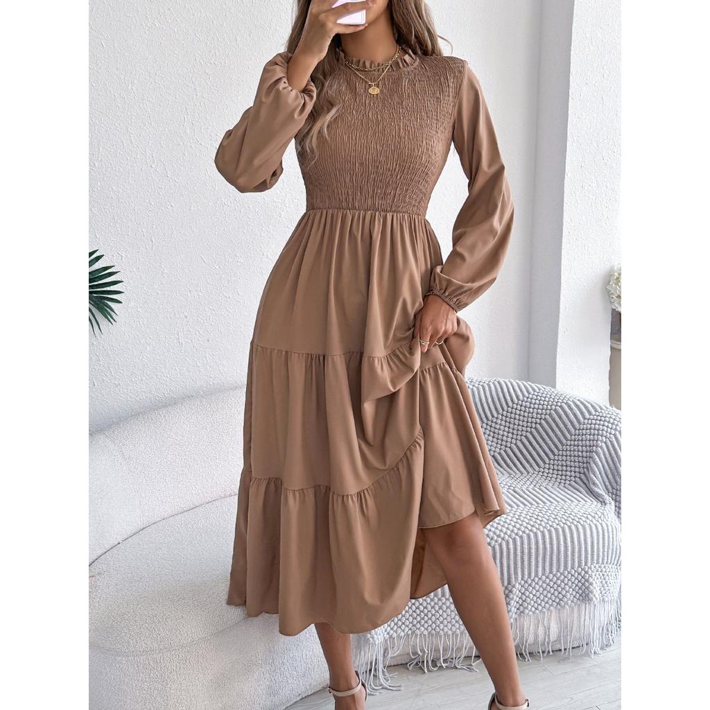 Spring Summer Women's Solid Color Long Sleeve Smocked Slim Fit Dress, Casual Fashion Women's Dress for Crossborder Outfit