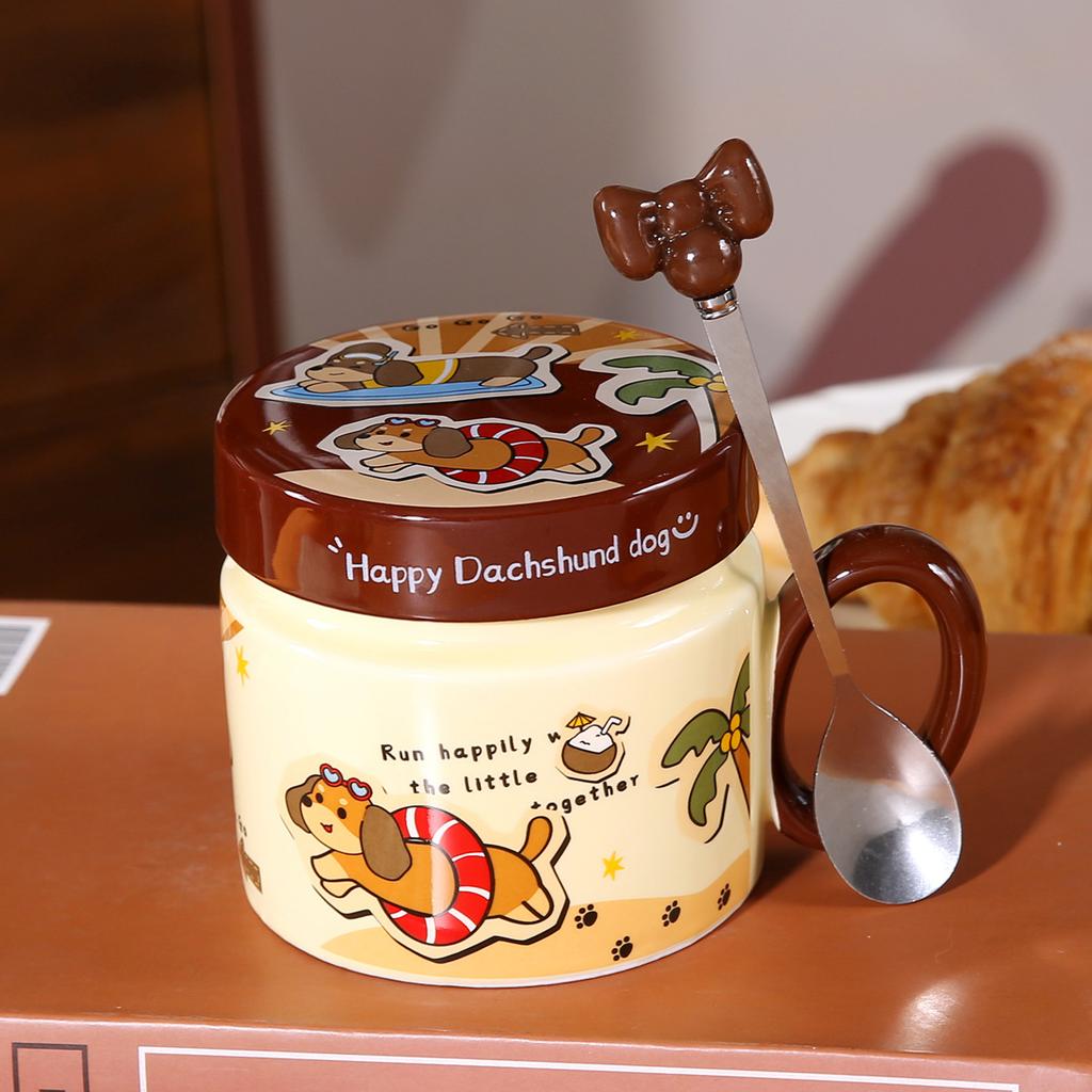 Dackel Keramik Wasserbecher Süße Tasse mit Deckel und Löffel Kreativer Jungenstil Kinder Frühstückstasse Große Kapazität