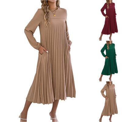 Damen Lässiges Farbe Langarm Faltenkleid Mit Taschen