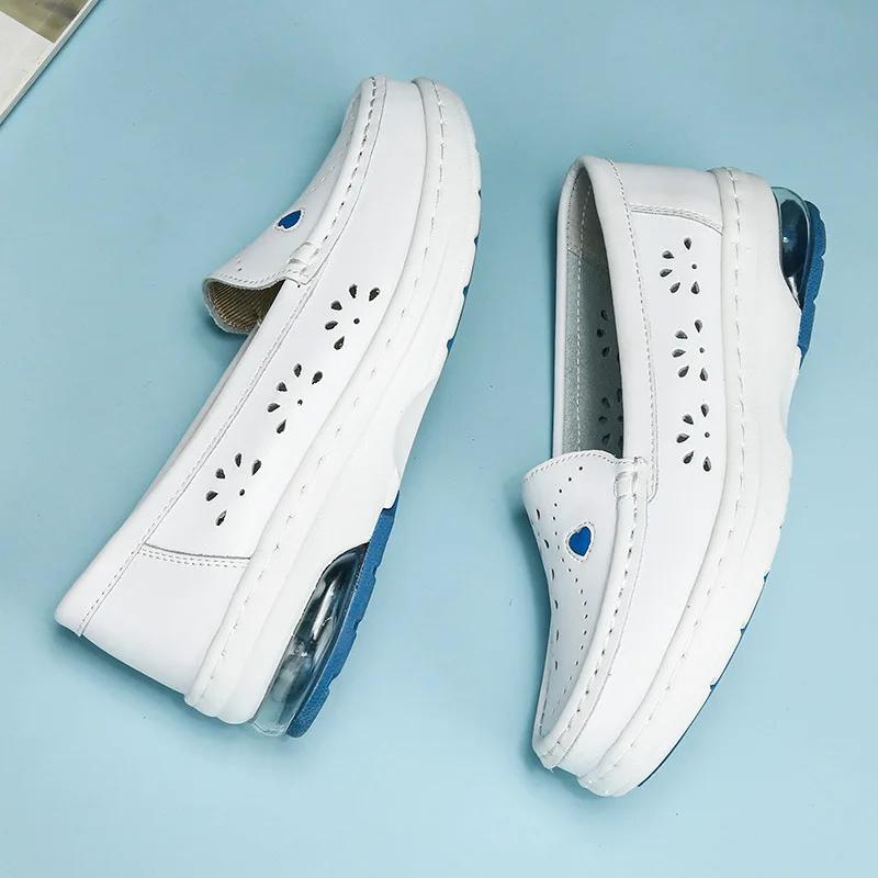 Fashion Women's Loafers White Nurse Shoes Women's Soft Sole Breathable Comfortable Without Tiring Feet New Ladies Flats Leather Shoes