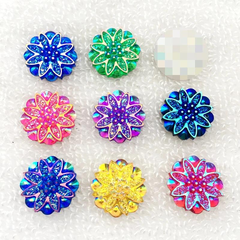 20pcs 18mm Round Flower AB Resin Crystal Strass Applique and  2 Holes Buttons for Diy Clothing - HA27
