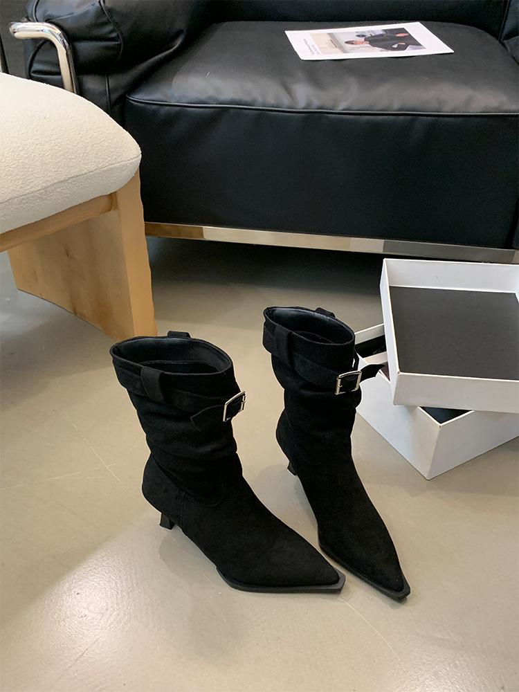 Spice Girl Pointed Head Belt Buckle Short Boots Femininity Stiletto Boots Suede Medium Tube Thin Boots Women