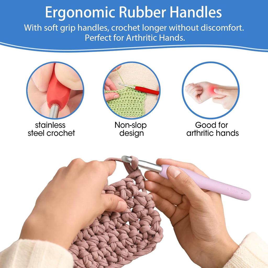 12 Sizes Crochet Hooks Set for Arthritic Hands Ergonomic Soft Grip Handles Crochet Kit for Beginners Needlework Gifts for Women