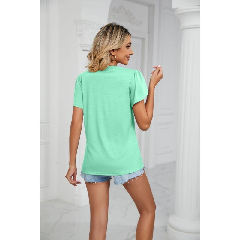Spring Summer Gold Lace V-neck Tile Short Sleeved Solid Color T-shirt Top T-Shirts Women’s