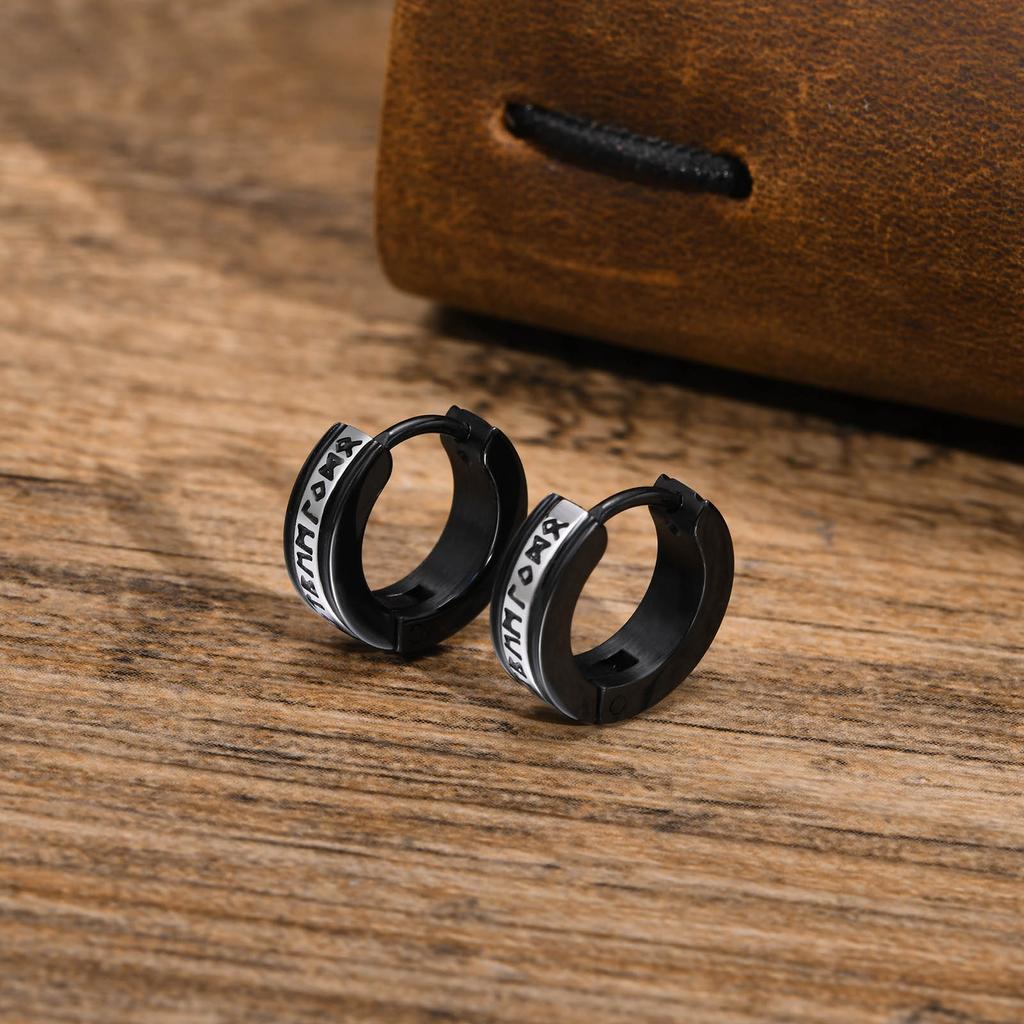 Men's Gothic Viking Runes Hoop Earrings Stainless Steel Waterproof Vintage Huggie Earrings Hip Hop Punk Party Jewelry Gifts Boys