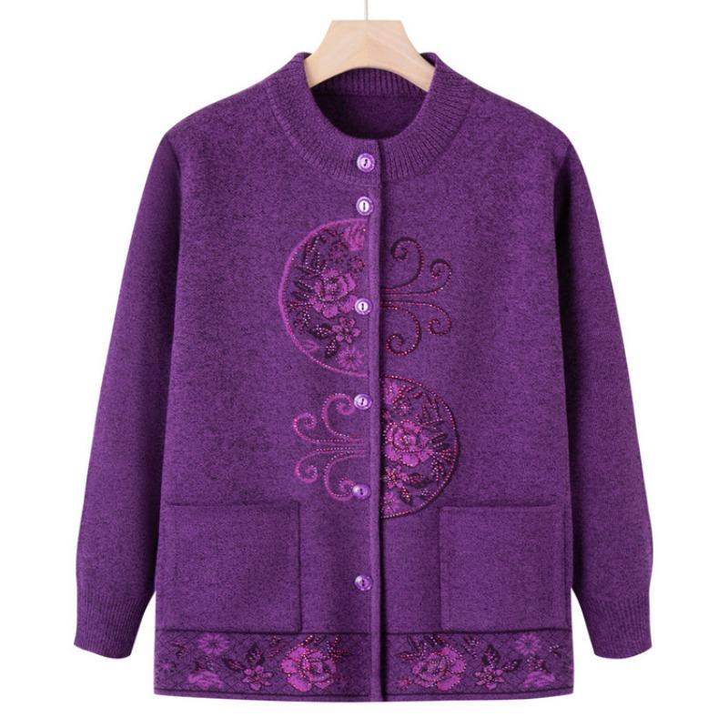 Grandma Crew Neck Sweater New Autumn Mom Knitted Sweater Cardigan Jacket Old Lady Clothes Women