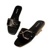 Women's Shoes, New Fashion Slippers, Classic Temperament Match, Solid Color Metal Decoration Square Head Flat Sandals