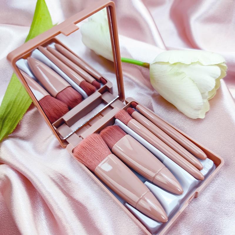 5-Piece Mini Mirror Makeup Brush Travel Set with Storage Box