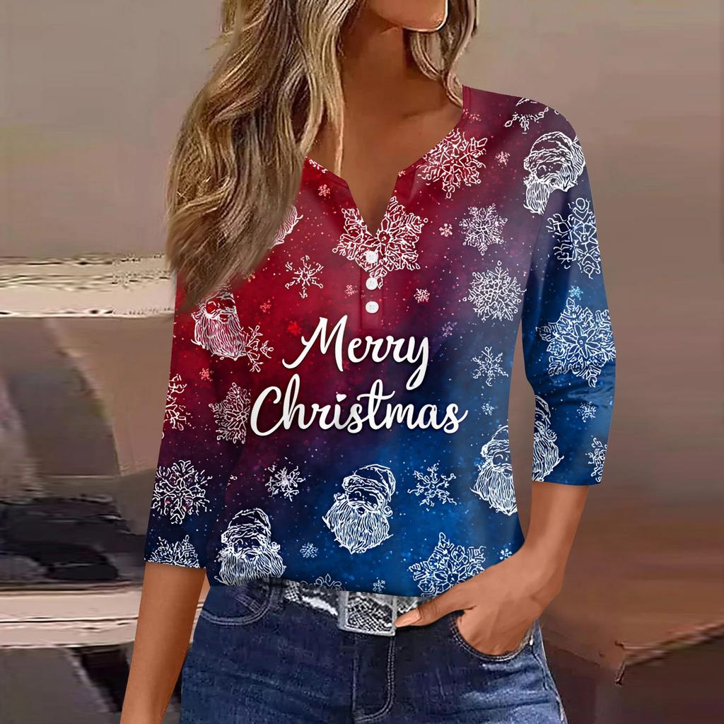 Women's T Shirt Tee Christmas Printed Button 3/4 Sleeve Tunic Daily Weekend Fashion Basic V- Neck Regular Top
