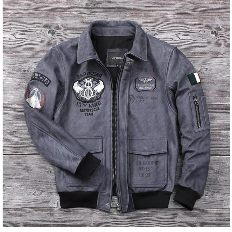 Chinese Size Blue Genuine Leather Jacket for Men Real Cowhide Skin Military A2 Flight Suit Embroidered Pilot Coats Mens Aviation Clothing Autumn