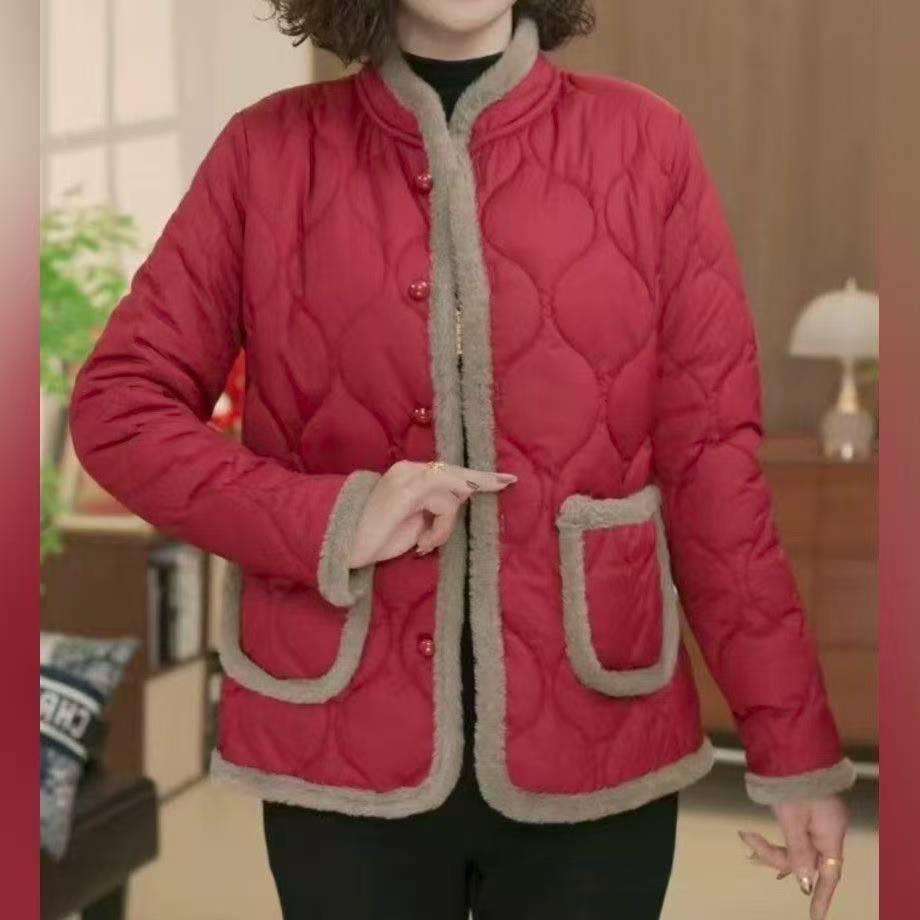 Stylish Women's Winter Cotton Jacket with Velvet Lining - Warm Casual Outerwear for Middle-Aged and Elderly