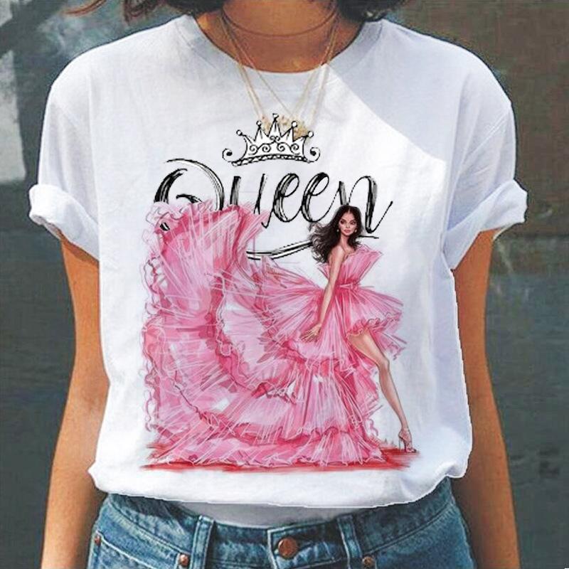 Camiseta de Verano de Cuello Redondo con Estampado 3D de Patrón de Reina, Camisetas de Mujer Casuales de Moda de Manga Corta