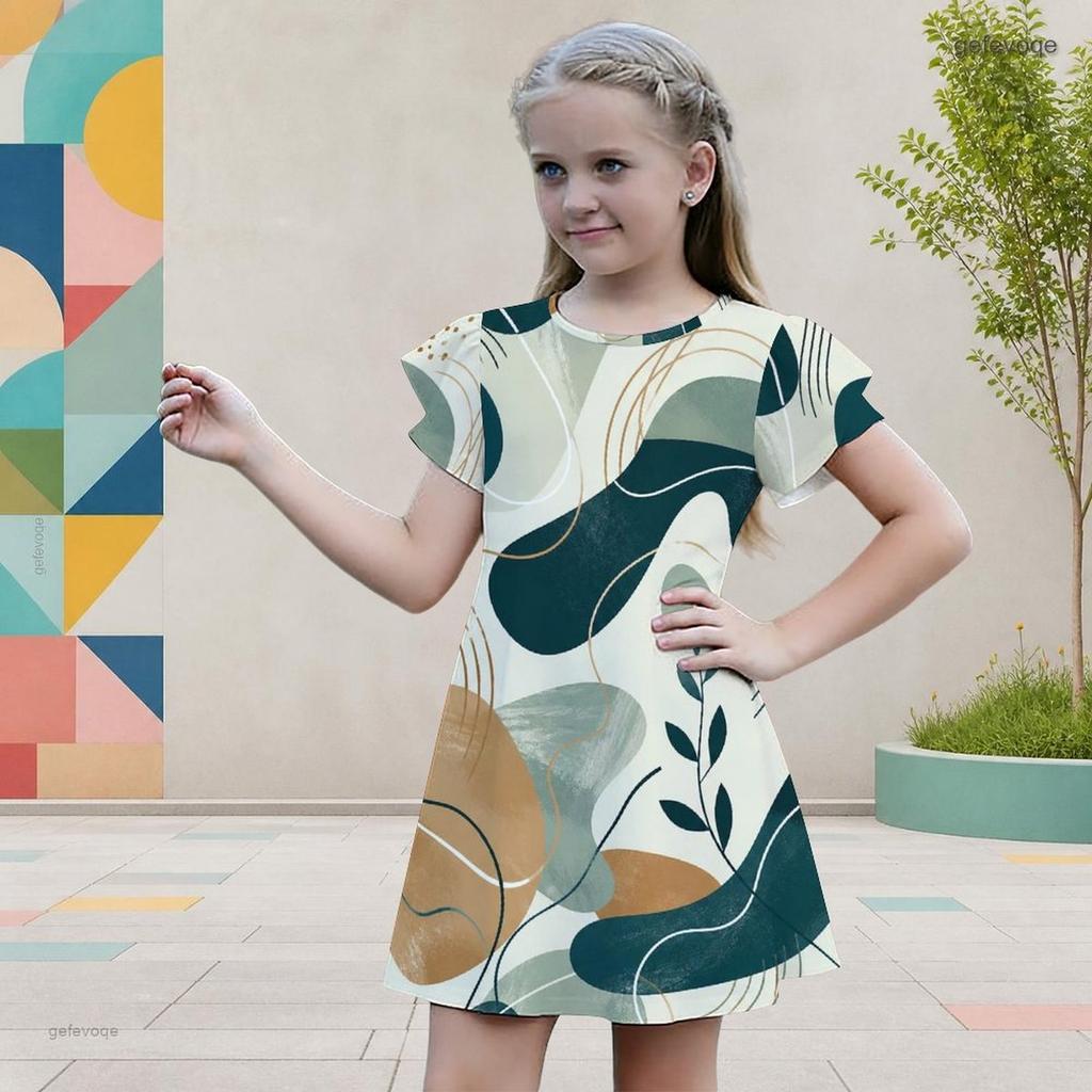 Girls Round Neck Flutter Sleeve A Line Abstract Printed Dress