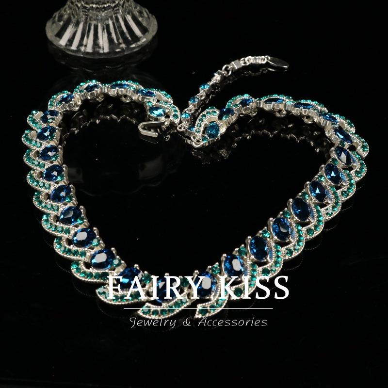 Retro Style Heavy Industry Inlaid Malachite Green Rhinestone Ice Crystal Sapphire Fashion Necklace Set Women's Versatile Earrings