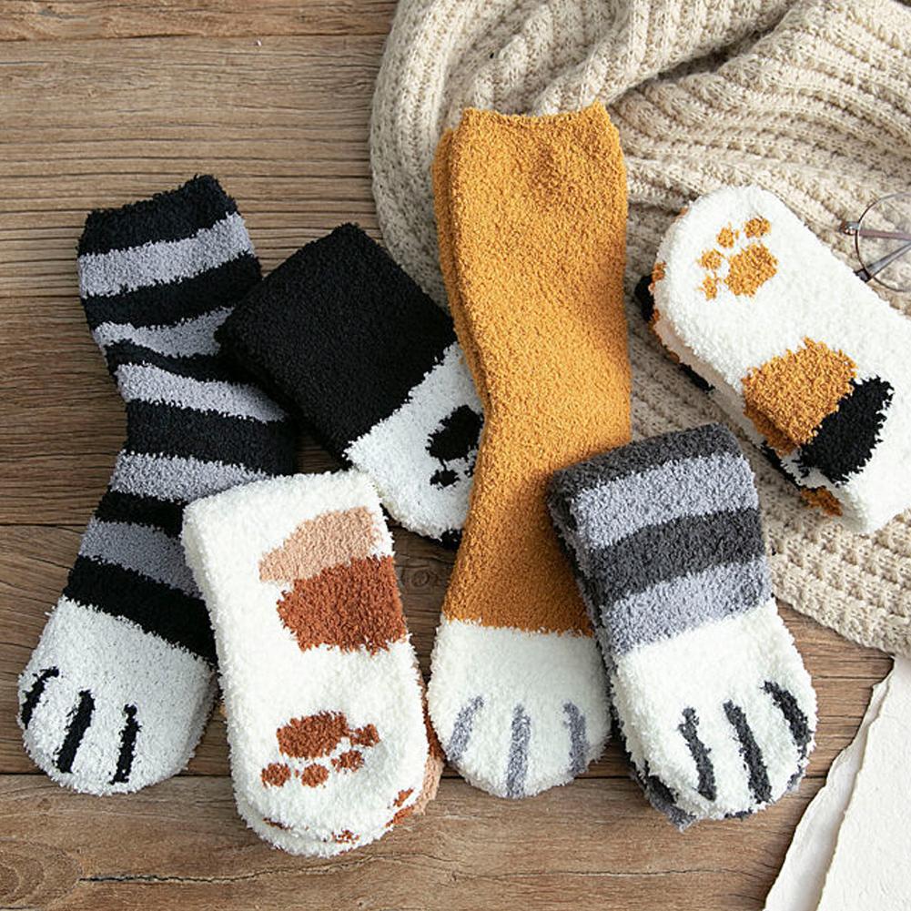 Plush Winter Funny Cute Style Animal Cat Paw Cartoon Pattern Women Cotton Socks Super Soft For Female House Sleeping Floor Sox