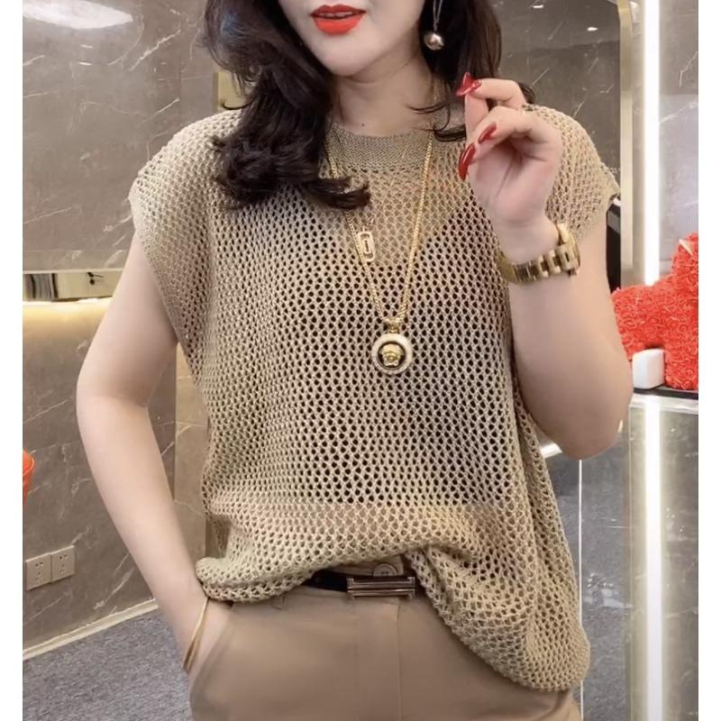 Niche Design Sense Hollow Thin Half-sleeved Women's Sweater, Summer New Style Black Sexy Chic Loose Short-sleeved Top