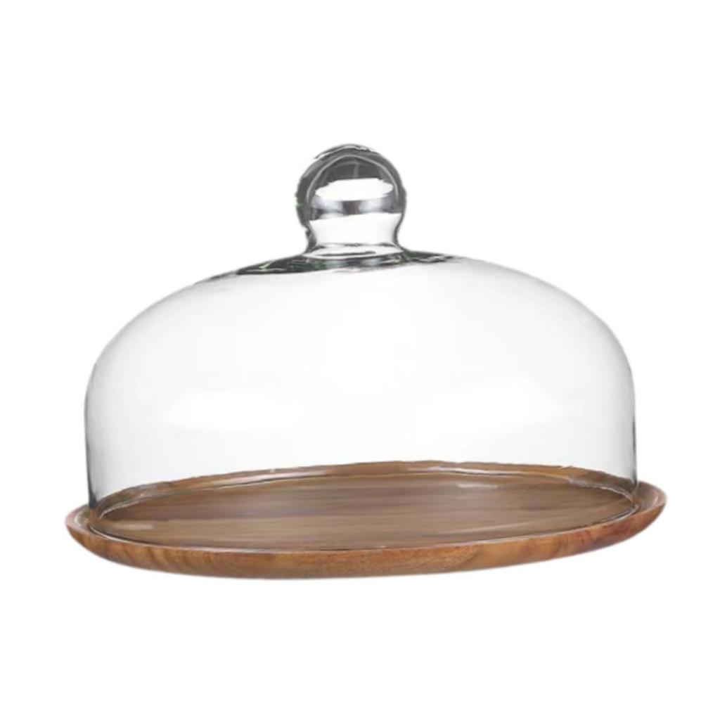 Wooden Cake Stand with Glass Cover Dessert Plate Decorative Cake Holder Round Cake Plate for Cream Candy Party Dessert Cake