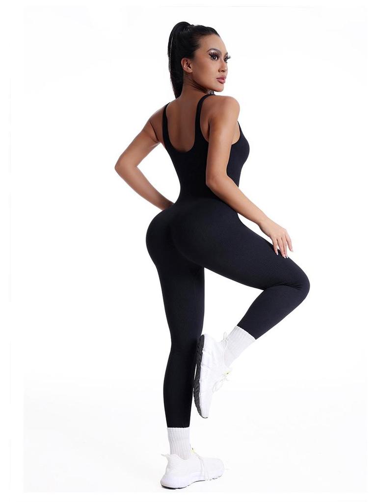 Seamless Ribbed V-Neck Backless Jumpsuit with Double Straps - Women’s Sport Body Shaping & Butt Lifting Yoga Suit