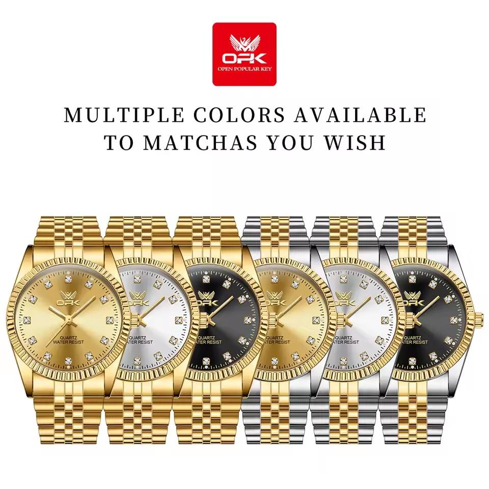 OPK 6027 Mens Quartz Golden Watch Rhinestone Stainless Steel  Waterproof Fashion Business Watches for Men Multiple Colors