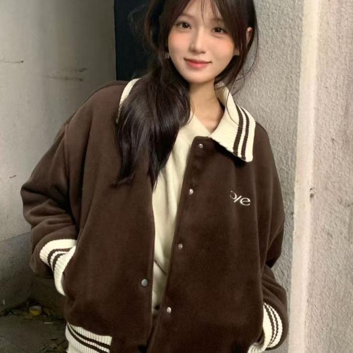 Autumn Korean Style Loose Lapel Baseball Jacket 2XL