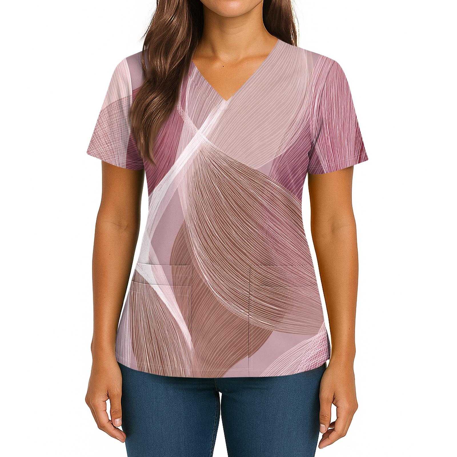 

Женский топ с градиентным принтом, V-образным вырезом, двойным карманом, короткими рукавами, разрезом по низу, униформа для ухода XL арбуз красный