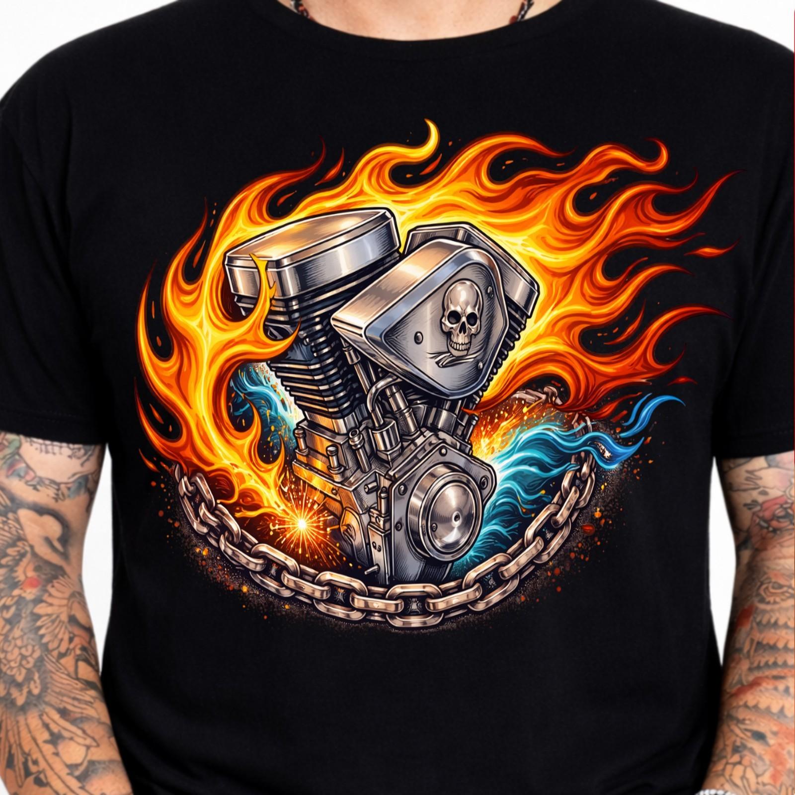 Flaming V-Twin Engine Skull Biker T-Shirt Motorcycle Chain Fire Graphic Tee . M