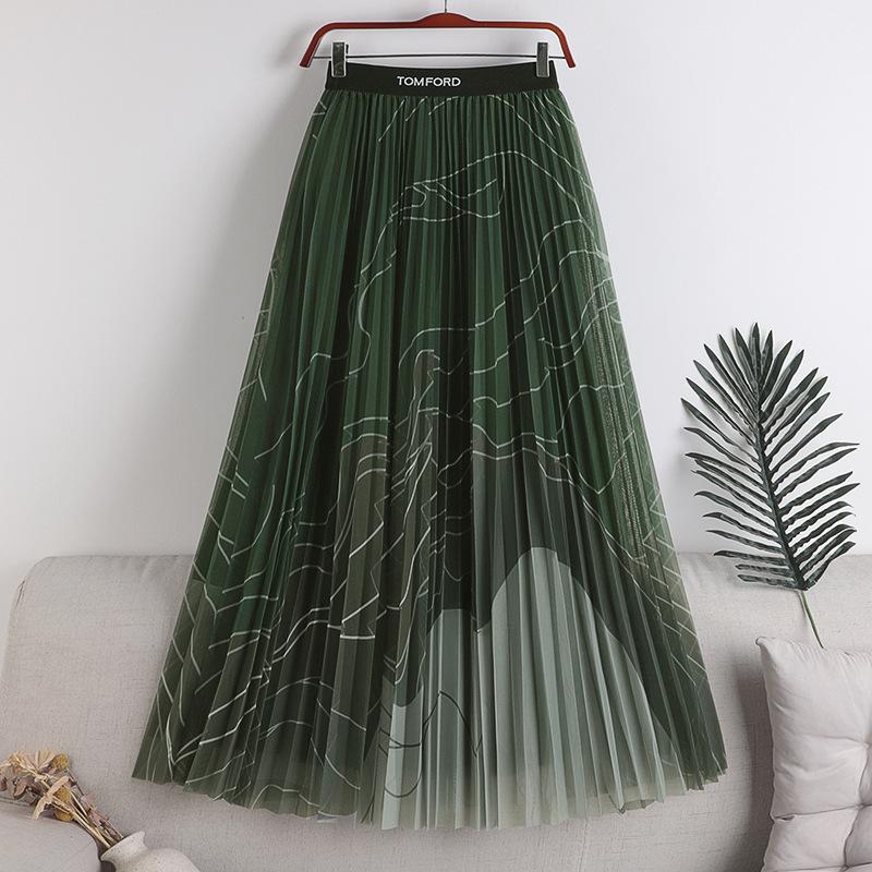 

Юбка-плиссе из сетки в тон, осень-зима 2025, новая эластичная юбка с высокой талией и принтом, средней и длинной длины, А-образная юбка из пряжи с маятником one size fits all