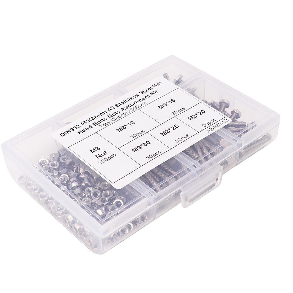 300Pcs M3 Hex Screws Nuts Set with Storage Box Uniform Pitch Oxidation Corrosion Resistance No Rusting Fasteners