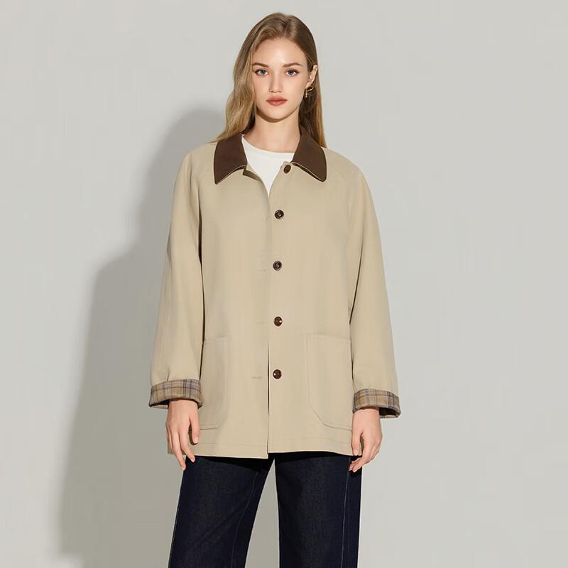 TaTu Women's Autumn/Winter Color-Block Loose Lapel Mid-Length Trench Coat