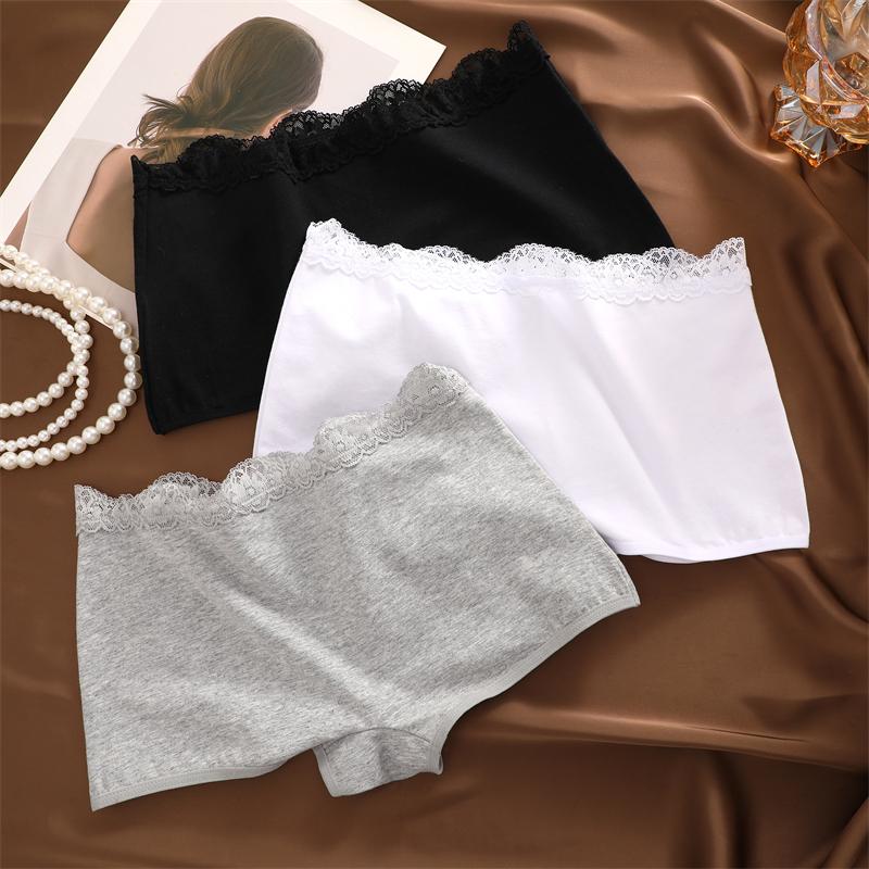 3Pcs Women's Cotton Boxers Panties Seamless Lace Satin Underwear Female Briefs Cozy Lingerie Sports Intimate Underpants S-XXL