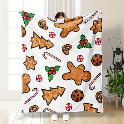 Cozy Christmas Gingerbread & Candy Print Flannel Throw Blanket - Soft, Warm, and Versatile for Couch, Bed, Sofa Office or Travel