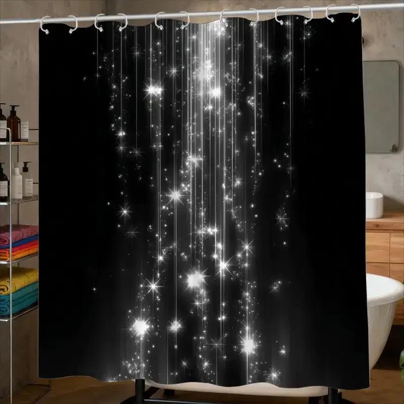 Svart Stjärnklar Himmel Duschdraperi Galax Glittrande Design Modern Badrumsdekoration Vattentätt Tyg Duschdraperi Set Heminredning