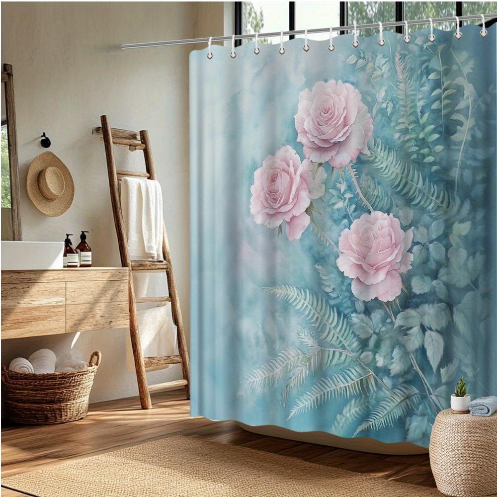 Pink Rose Shower Curtain, Delicate Floral Design With Roses & Ferns, Anti-Fade Polyester, Machine Washable, Elegant Bath Decor