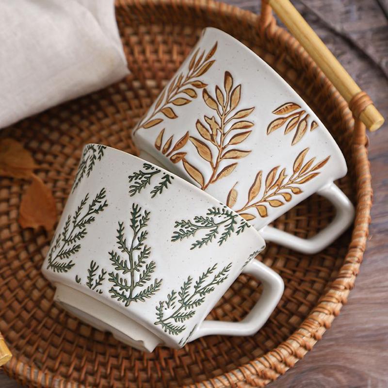 350ML Ceramic Coffee Mug Large Porcelain Tea Mug Leaf Pattern Ceramic Mug Breakfast Milk Juice Cup Home Office Water Cup