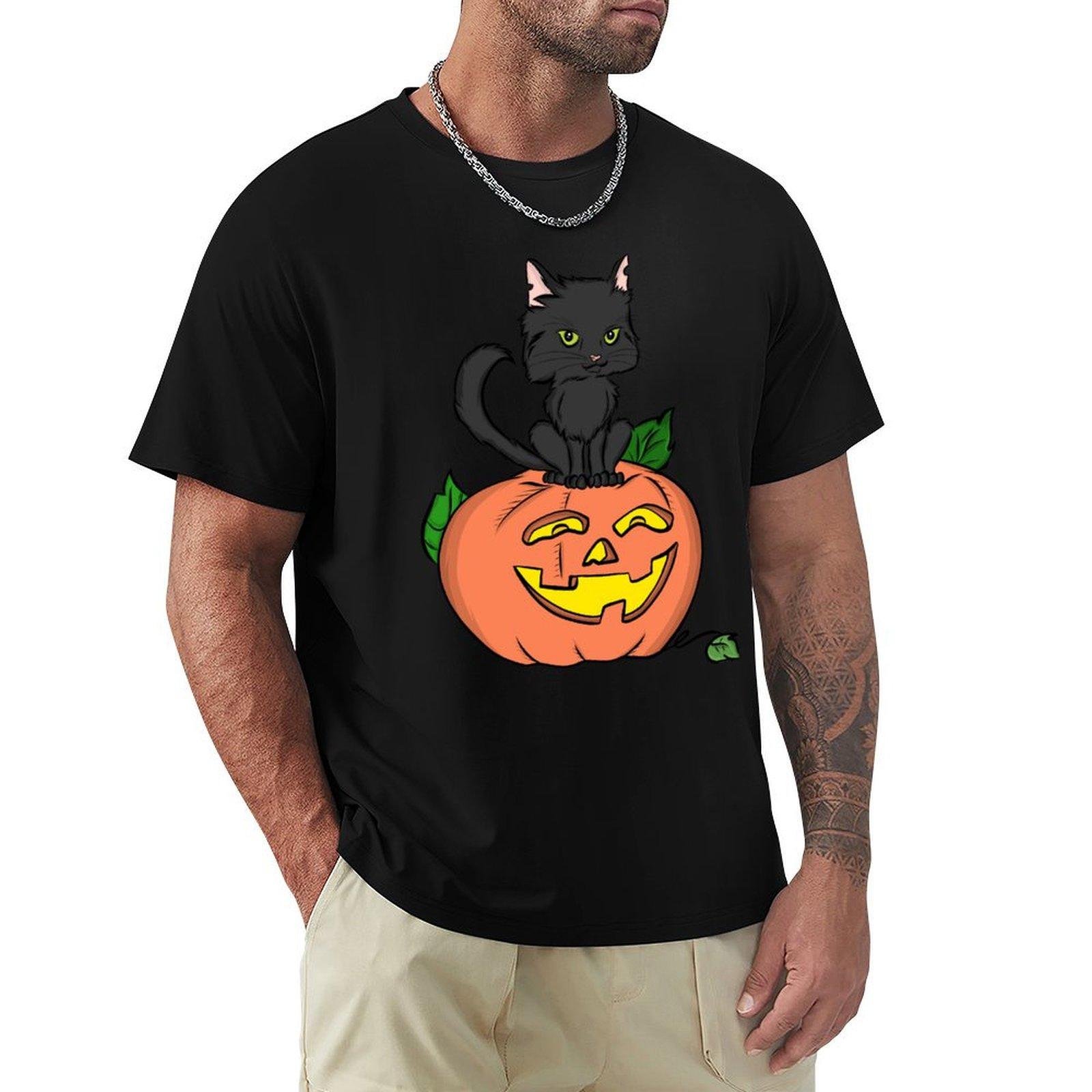 

Black Cat & Pumpkin T-Shirt Anime Clothes Oversized Graphic Tee Fitted T Shirts For Men 4XL зелений
