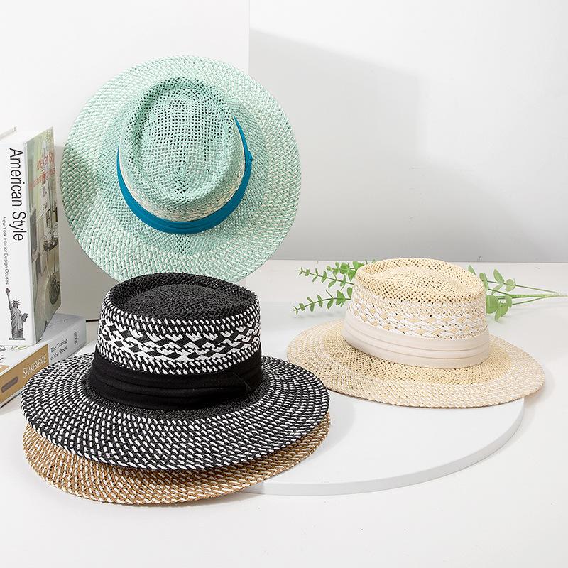 New Spring And Summer British Style Color Matching Hand-Woven Straw Hat Children Travel Vacation Visor Big Edge