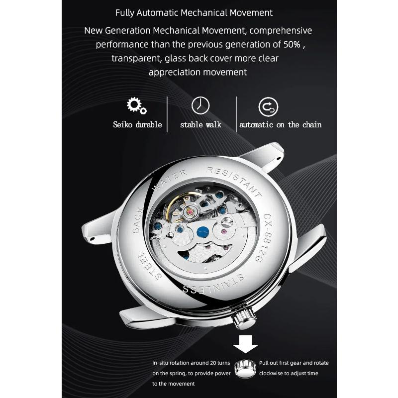 Chenxi Men's Automatic Mechanical Watches Business Waterproof Luminous Watch Men Stainless Steel Skeleton Wristwatch
